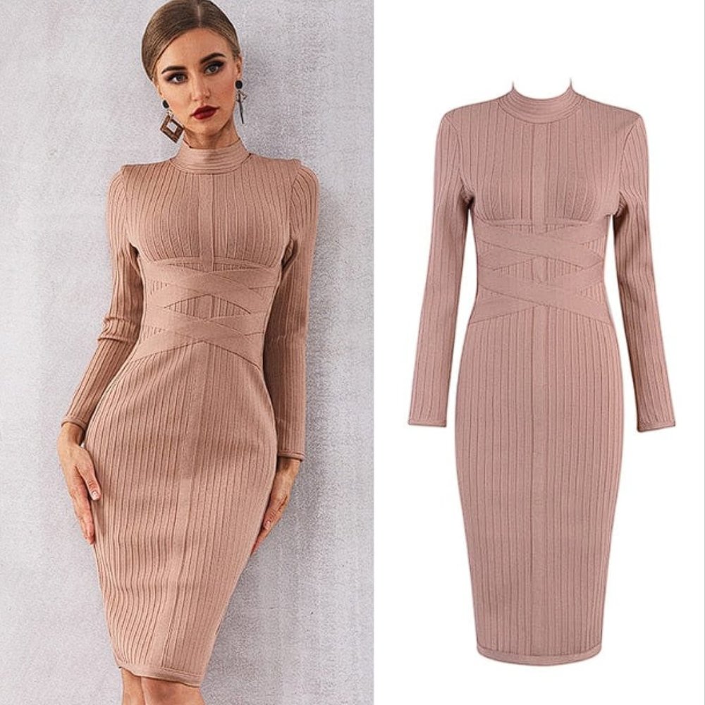 House Of CB Carrera Mink Cross Strap Ribbed Bandage Dress